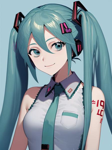 00012-496127017-simple background, aqua background, upper body, solo, 1girl, hatsune miku, smile, looking at viewer, twintails, sleeveless shirt.jpg